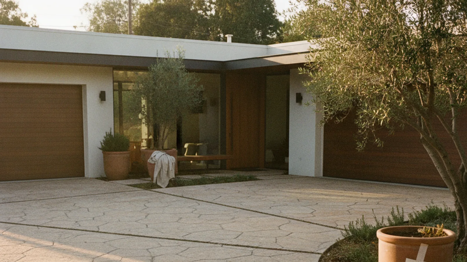 A newly installed modern concrete paver driveway in a Los Angeles neighborhood, with drought-tolerant landscaping along the edges.
