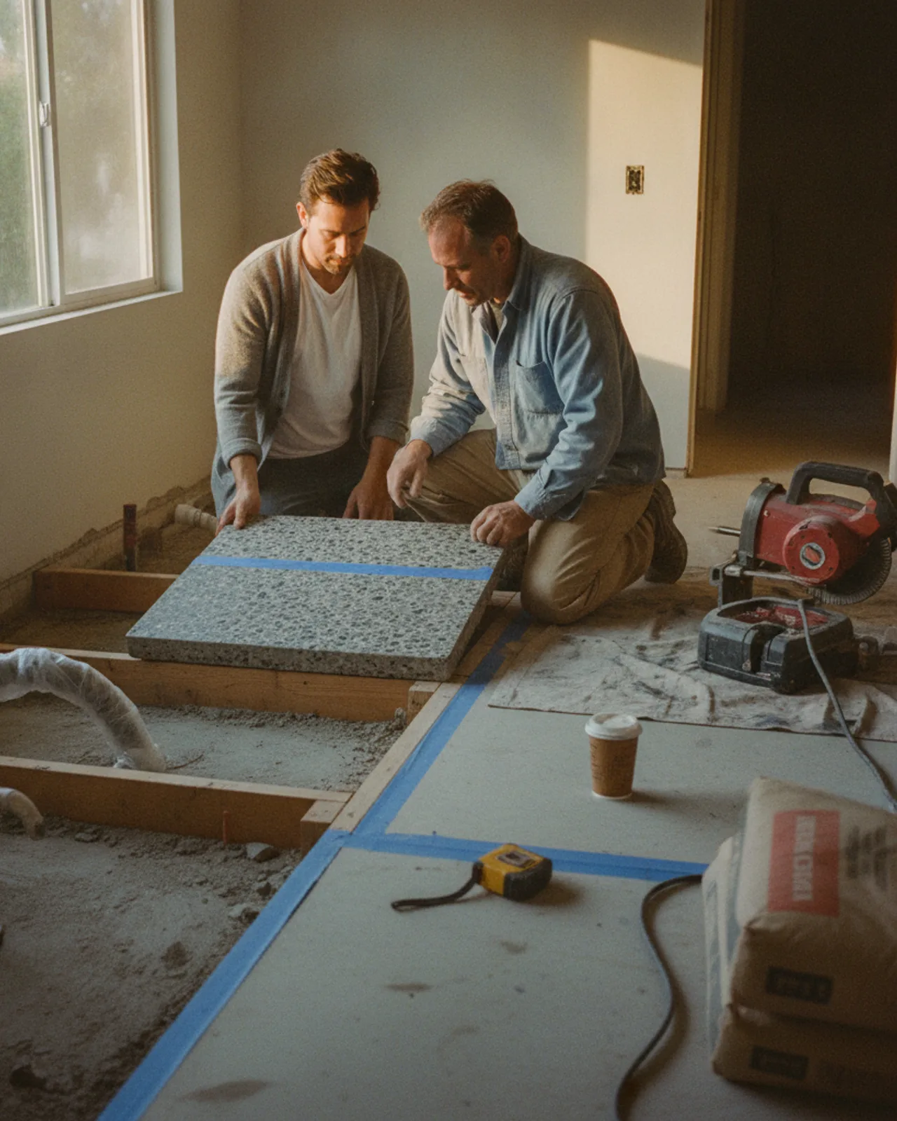 A Los Angeles homeowner and their driveway contractor review paver samples on a partially excavated driveway site.