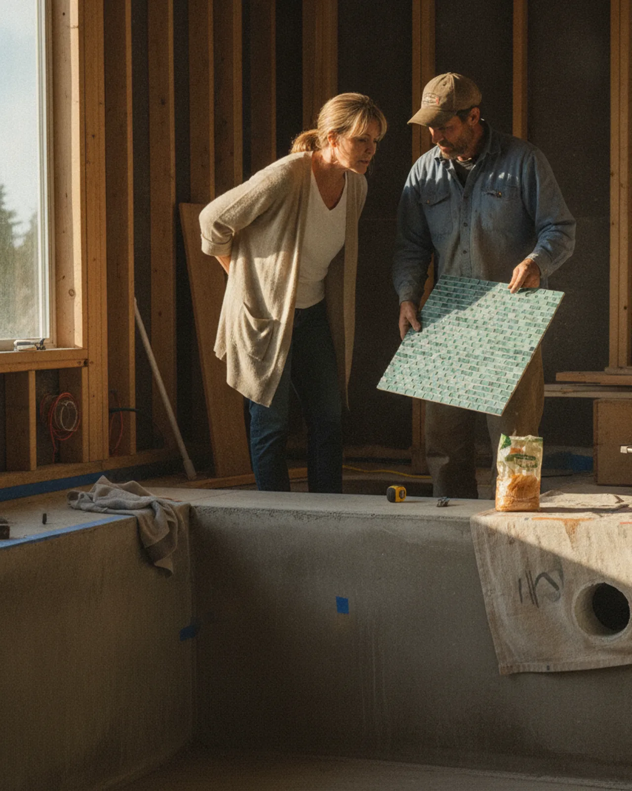 A homeowner and their pool contractor review design plans and material samples on a tablet next to an excavated area in a Seattle backyard.