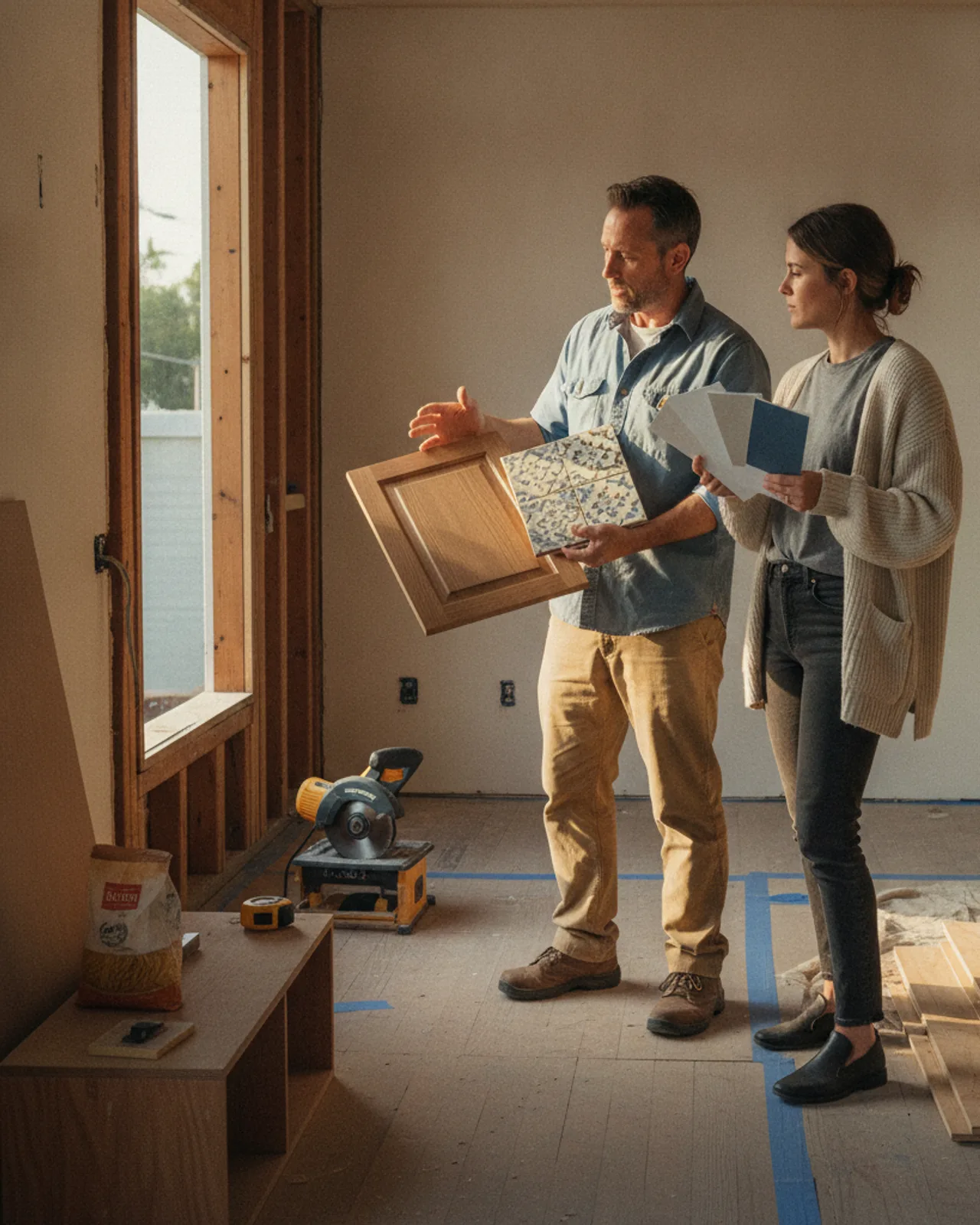 A San Francisco homeowner and their siding contractor review fiber cement panel samples on a foggy morning.