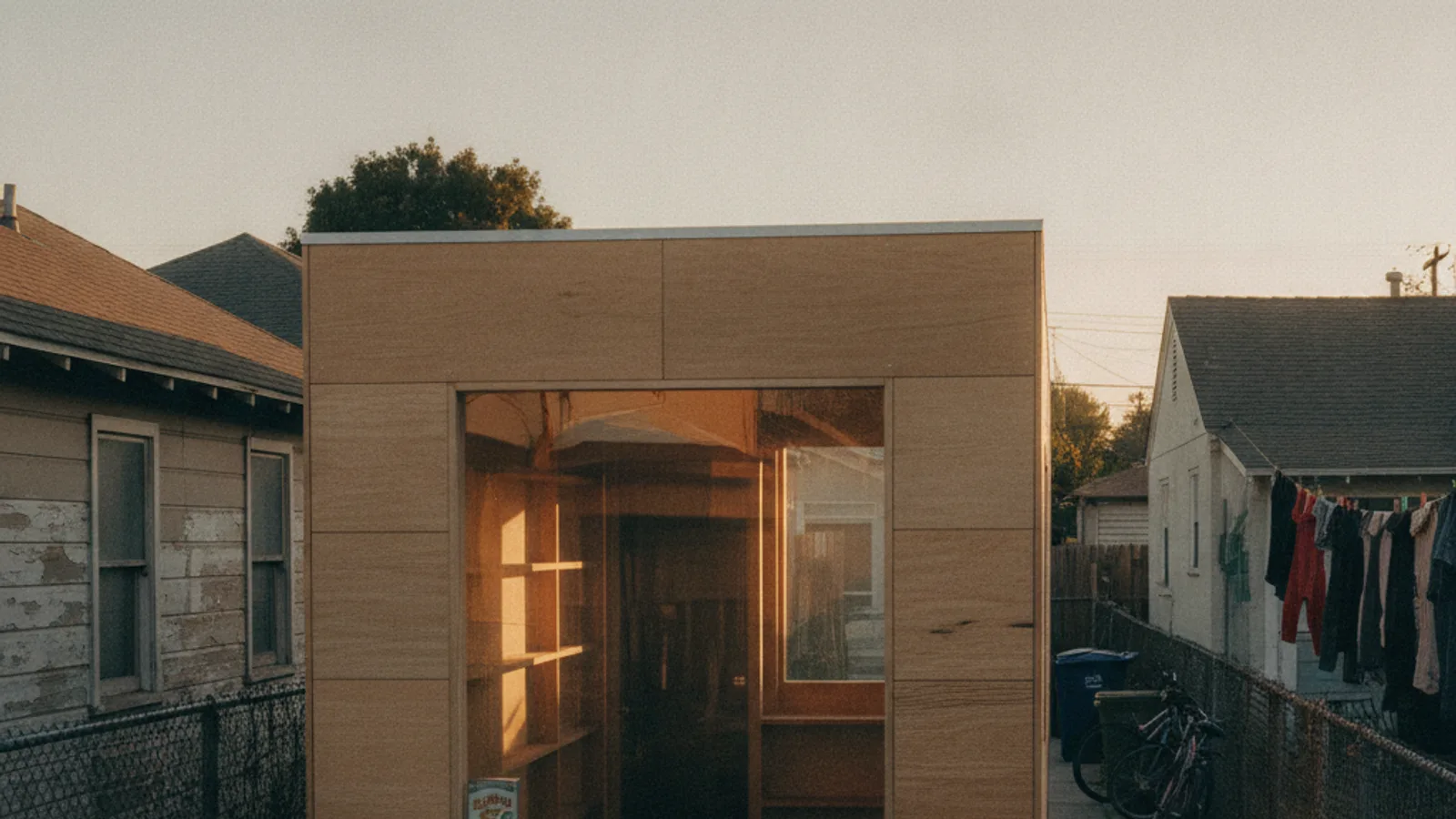 A modern, architecturally designed ADU at twilight, with warm light glowing from inside and highlighting its dark wood cladding and connection to the landscaped backyard.