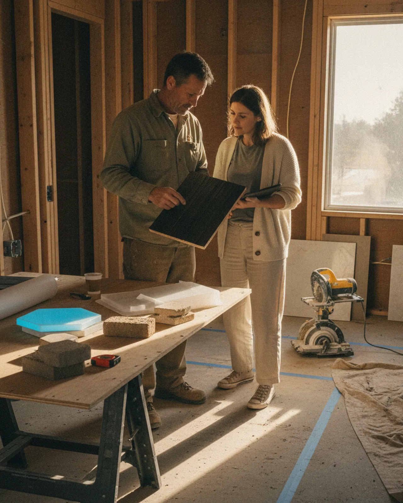 A homeowner and their Renology contractor review rift-cut white oak cabinet samples in a sunlit ADU kitchen.