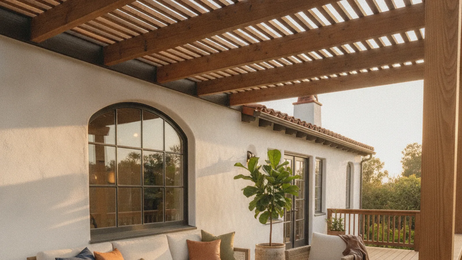 A modern San Diego home at dusk with a multi-level composite deck featuring an integrated linear fire pit, glass railings, and a black aluminum pergola over a dining area.