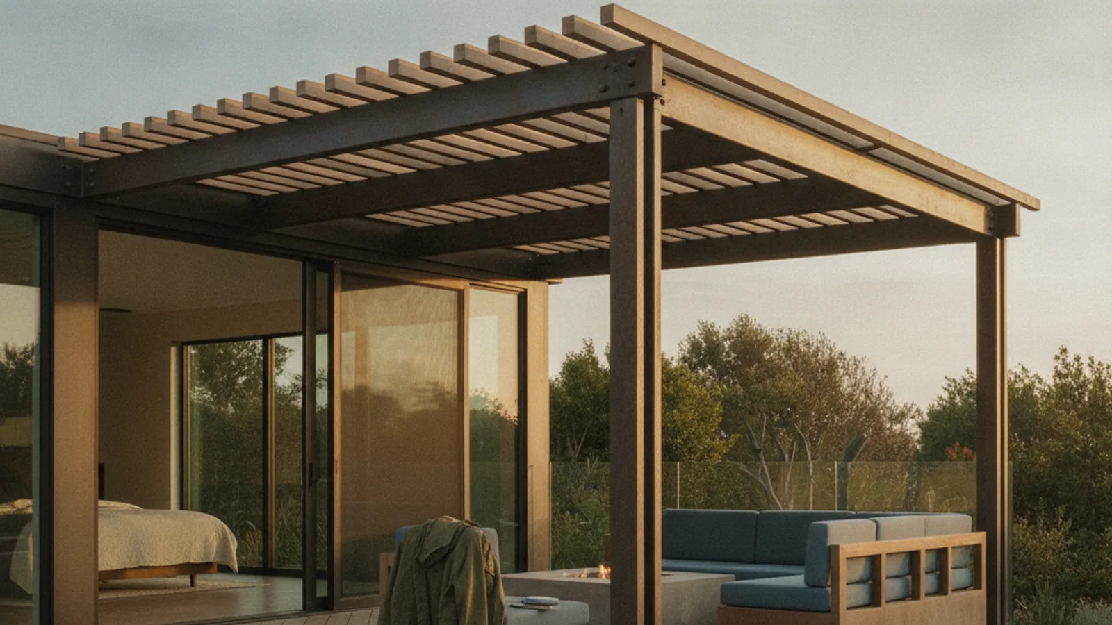 A modern San Diego home at dusk with a multi-level composite deck featuring an integrated linear fire pit, glass railings, and a black aluminum pergola over a dining area.