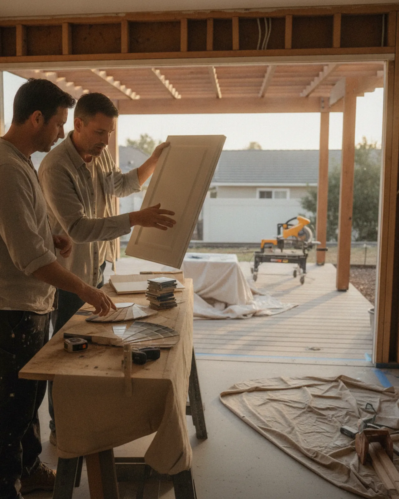 A San Diego homeowner and her contractor review composite decking samples on an unfinished deck frame, with the canyon view in the background.