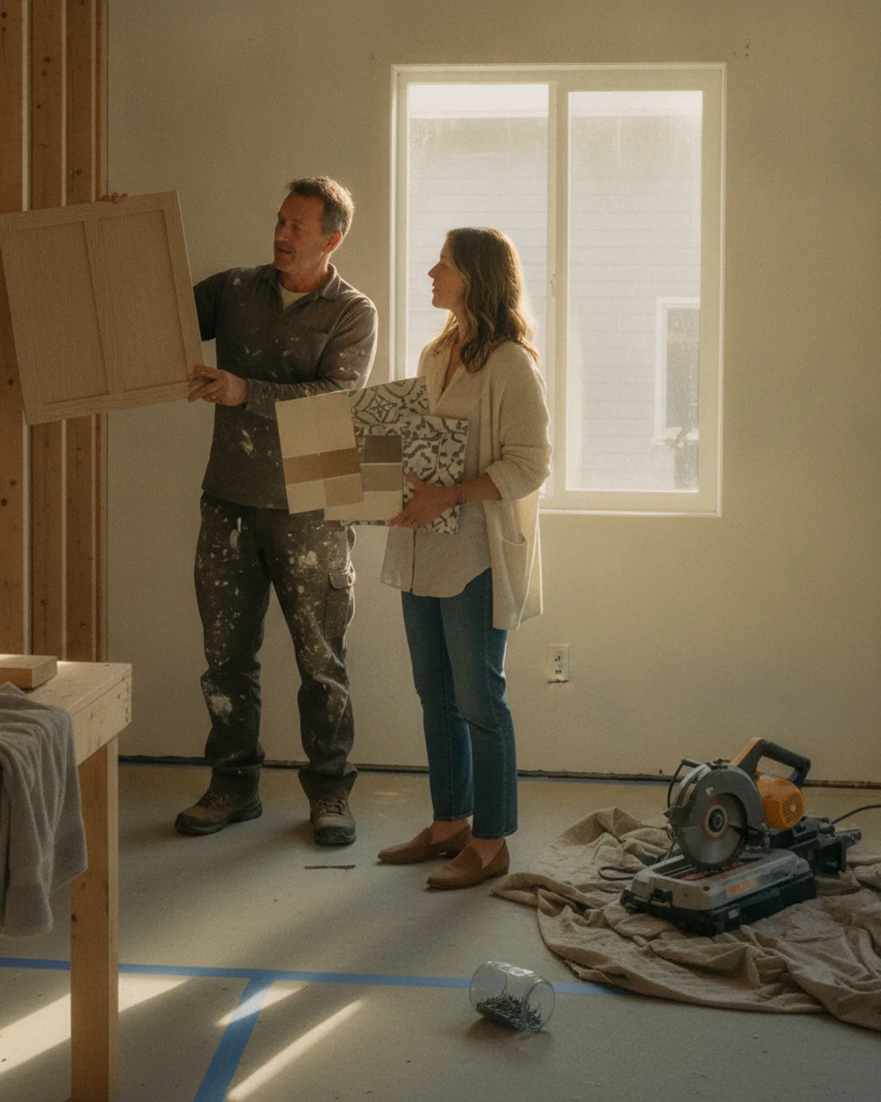A homeowner and their contractor in a San Francisco ADU, reviewing finish samples of rift-cut white oak and honed quartzite under soft afternoon light.