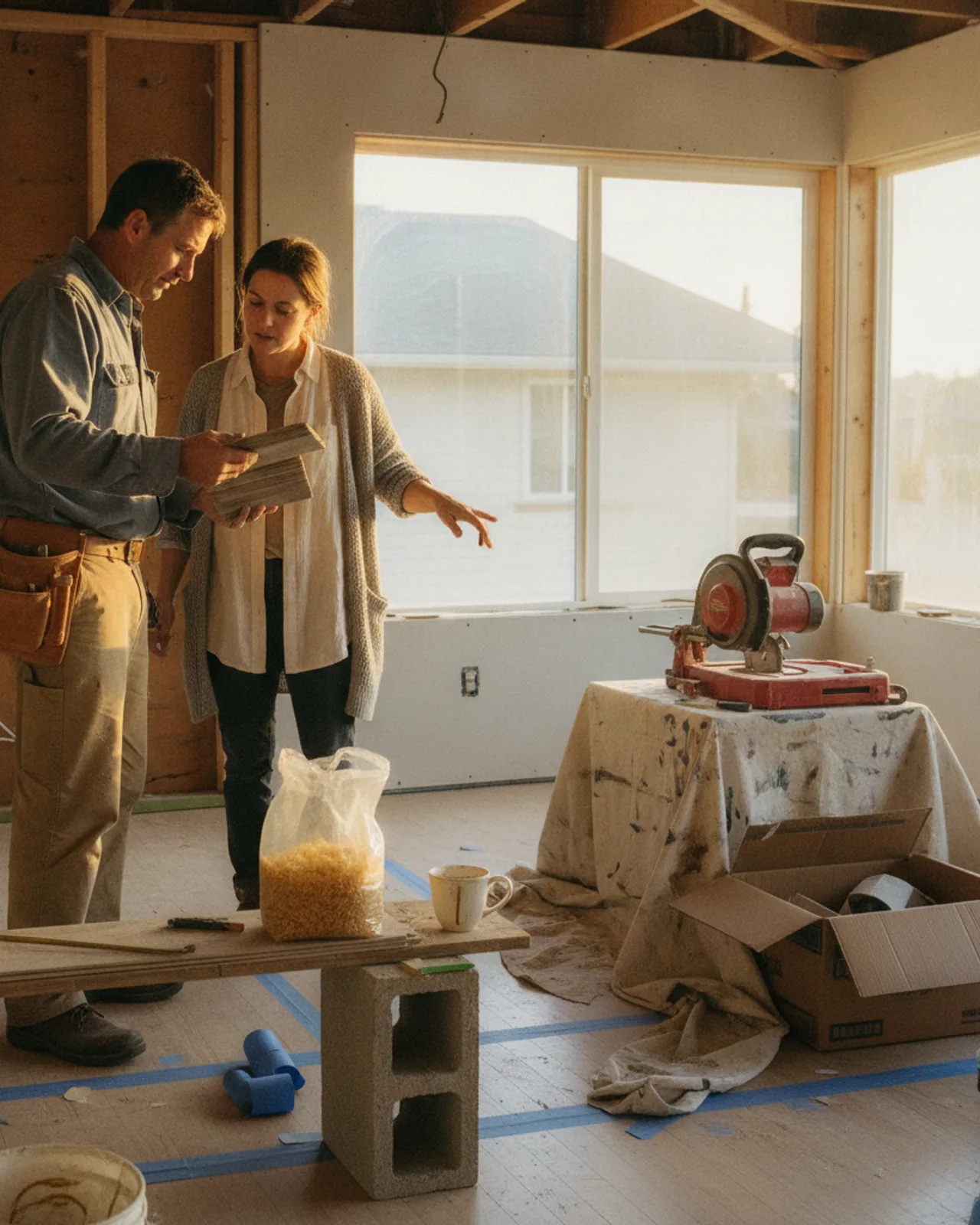 A Seattle homeowner and their roofing contractor review samples of standing seam metal and composite slate on a sunny driveway, with a half-finished roof visible in the background.
