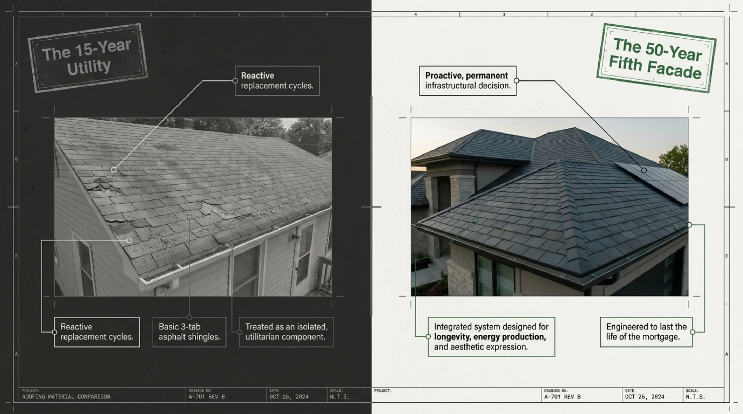 A Seattle homeowner and their roofing contractor review samples of standing seam metal and composite slate on a sunny driveway, with a half-finished roof visible in the background.