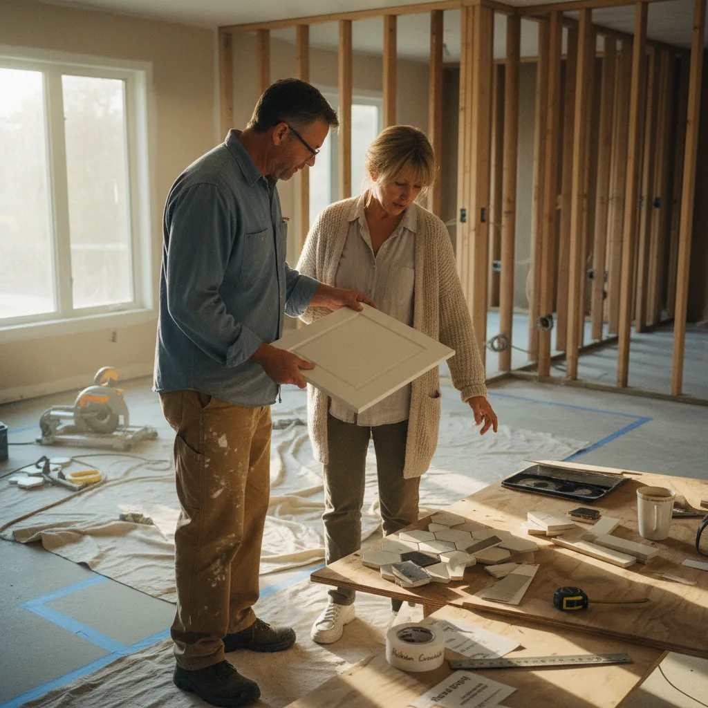 A homeowner and a contractor looking at tile samples in a bathroom under renovation.